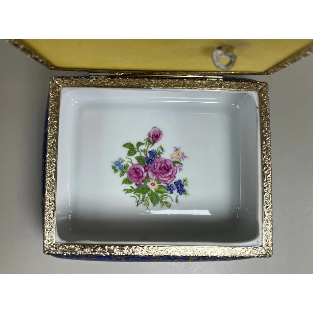 Lego Japan Vtg Porcelain Musical Jewelry Box Fragonard Style Cobalt Blue Gold